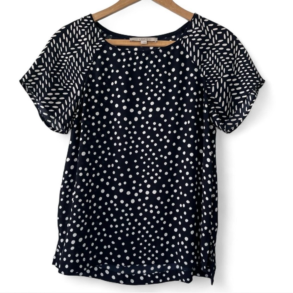 LOFT Navy and White Polka Dot Blouse Size S